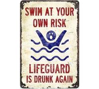 MDBJTCYZN Retro Metal Sign Funny Pool Rules Swim At Your Own Risk Lifeguard Is Drunk Again Vintage Tin Plaque For Poolside Decor 8 X 12 in