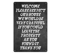 MDBJTCYZN Welcome Sign Metal Tin Plaque Funny Respect Our House Rules Vintage Decor for Home Entryway Lakehouse Camp Humor Wall-Art 8 X 12 Inch