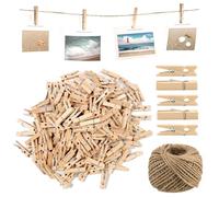 MDDK DY 200 Pinzas Pequeñas Madera 3,5 cm con 30m Cuerda Yute - Pinzas Ropa Madera para Fotos, Manualidades, Decoración, Regalos y Calendario de Adviento