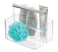 mDesign Almacenamiento debajo del fregadero, organizador de baño de plástico y metal para champú y jabones, organizador portátil de almacenamiento de cosméticos, transparente/plateado