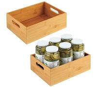 mDesign Caja de almacenamiento ancha para cocina, práctica bandeja de almacenamiento con asas integradas, organizador de armario de bambú abierto para utensilios de cocina, juego de 2 unidades, color