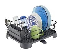 mDesign Escurreplatos de metal y plástico - Compacto escurridor de platos con bandeja de goteo y desagüe giratorio - Rejilla escurreplatos de encimera para secar al aire - negro mate/gris pizarra