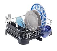mDesign Escurreplatos de plástico y metal - Compacto escurridor de platos con bandeja de goteo y desagüe giratorio - Rejilla escurreplatos con cubertero para la encimera - plateado y negro