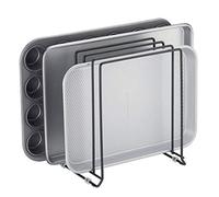 mDesign Estante para tapas de ollas y sartenes, estante de alambre de metal para armarios, despensas o superficies de cocina, soporte independiente con 5 ranuras para sartenes, ollas, tapas y vajilla,