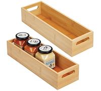 mDesign Juego de 2 cajas de almacenamiento con asas, práctica caja de madera para almacenamiento de alimentos, especias, nueces o botellas, bandeja de bambú abierta para cocina, color bambú