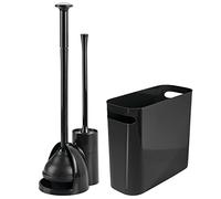 mDesign Juego de 3 escobillas/émbolo y Cubo de Basura Compacto de plástico Independiente para Almacenamiento de baño, Resistente, Resistente, Resistente, Limpieza Profunda, Color Negro