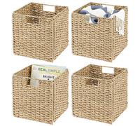 mDesign Juego de 4 cajas de almacenaje - Cajas organizadoras plegables hechas de junco marino - Cestas de almacenaje con patrón trenzado - Ideales para estanterías cuadradas - color bambú