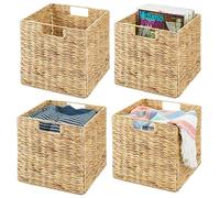 mDesign Juego de 4 cestas de almacenamiento - Caja de almacenamiento plegable de jacinto de agua - Cesta de estantería ideal para guardar ropa, juguetes o revistas, diseño trenzado, color natural