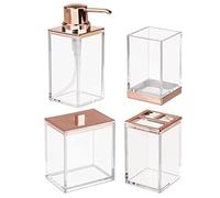 mDesign Juego de Accesorios de plástico para tocador de baño, Incluye dispensador de jabón, Soporte para Cepillo de Dientes, Recipiente con Tapa y Vaso de Enjuague; colección Lumiere, Juego de 4,