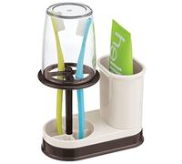 mDesign Juego de Soportes para cepillos de Dientes, Soporte de Almacenamiento para Guardar Accesorios de baño, Soporte para Pasta de Dientes y Cepillo de Dientes con Cubierta/Vaso, Color Crema/Bronce