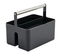 mDesign Organizador de almacenamiento de plástico para ducha, cesta dividida, asa de metal para baño, dormitorio, cocina, sostiene jabón, champú, acondicionador, colección Aura, negro/cromo cepillado