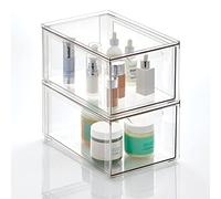 mDesign Organizador de maquillaje - Cajonera apilable hecha de plástico - Práctica caja de almacenamiento para ordenar artículos del baño - Juego de 2 - transparente