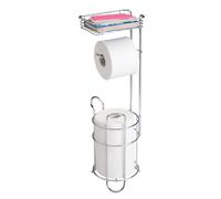 mDesign Portarrollos de papel higiénico con estante - Elegante dispensador de papel higiénico de metal - Porta rollos de pie con espacio para 3 rollos de papel higiénico - plateado