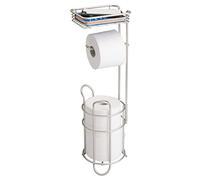 mDesign Portarrollos de papel higiénico con estante - Elegante dispensador de papel higiénico de metal - Porta rollos de pie con espacio para 3 rollos de papel higiénico - plateado mate
