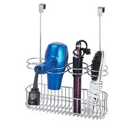mDesign Soporte para secador de pelo sin taladrar, gran estante para puerta para guardar el secador de pelo, organizador de baño ideal para rizadores, planchas y secadores de pelo, color plateado