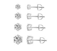 MDFUN Juego de 4 pares de pendientes de plata de ley 925 para hombre y mujer, oro amarillo de 18 quilates, 6 dientes, hipoalergénicos, circonitas cúbicas, 4 pares, 4-7 mm