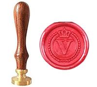 MDLG - Juego de sello de cera con diseño de corona - diseño vintage - alfabeto con iniciales de la A a la Z - diseño con corona con texto en inglés "Wreath Monogram Letters", V, Dorado, 1