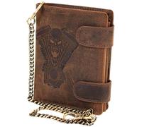 MDM Cartera de piel auténtica con cadena de metal y calavera en relieve V Twin, marrón, 10,0 x 12,5 x 2,5 cm, Biker