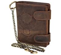 MDM Cartera de piel para hombre con cadena, cartera de piel auténtica en diseño vintage con relieve, formato vertical, marrón, 10,0 x 12,5 x 2,5 cm, Biker