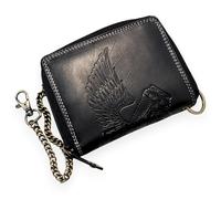 MDM Cartera de piel para hombre con cadena, vintage, protección RFID, diseño de motor y alas, 8 compartimentos para tarjetas, compartimento para monedas, 13 x 10 x 2 cm, Negro , 10.0 X 12.5 X 2.5