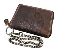 MDM Cartera de piel para hombre con cadena, vintage, protección RFID, diseño de motor y alas, 8 compartimentos para tarjetas, compartimento para monedas, 13 x 10 x 2 cm, marrón, 10.0 X 12.5 X 2.5