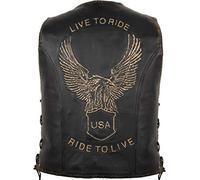 MDM Chaleco biker de cuero auténtico para hombre - Motivo águila LIVE TO RIDE - Cuero de vaca con cordones ajustables y cierre de 3 hebillas (FR/ES, Letras, L, Regular, Regular, Marrón)