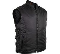 MDM Chaleco Biker de Tela - Negro, Cortaviento y Repelente al Agua, Laterales Ajustables, Hombros Acolchados, Bolsillos Interiores y Exteriores (FR/ES, Letras, 4XL, Regular, Regular, Negro)