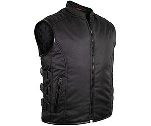 MDM Chaleco Biker de Tela - Negro, Cortaviento y Repelente al Agua, Laterales Ajustables, Hombros Acolchados, Bolsillos Interiores y Exteriores (FR/ES, Letras, XXL, Regular, Regular, Negro)