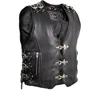 MDM Chaleco Cuero Hombre De Piel Vacuna Negra - Chaleco Moto Hombre Con 3 Cierres De Gancho Y Anilla Cromados, 4 Bolsillos, Cordón Lateral Y Hebillas Ajustables, Chaqueta Moto Sin Mangas Estilo Biker