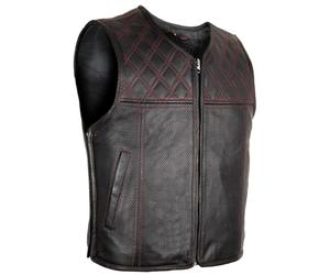 MDM Chaleco de cuero auténtico para hombre moto biker club, negro con costuras rojas, laterales ajustables con cremallera (FR/ES, Letras, L, Regular, Regular)