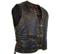 MDM Chaleco de cuero moto hombre vintage - estilo biker custom, auténtico cuero de vaca, triple hebilla, cordones laterales ajustables (FR/ES, Letras, 4XL, Regular, Regular)