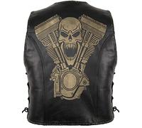 MDM Chaleco de Cuero para Moto Hombre, Chaleco Biker Negro con Grabado Láser de Calavera, Chaleco sin Mangas con Hebillas y Cordones Laterales (FR/ES, Letras, XL, Regular, Regular)