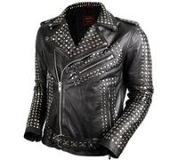 MDM Chaqueta de cuero genuino con remaches para hombre, Negro , M