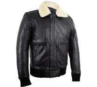 MDM Chaqueta Moto Hombre de Cuero Auténtico - Estilo Aviador Bomber - Cuello Desmontable en Lana de Oveja - Forro Térmico Extraíble con Protectores (FR/ES, Letras, XL, Regular, Regular, Negro)