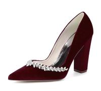 Mdrcg Décolleté Donna velluto Punta acuminata Tacco squadrato spesso, Strass Cristallo Scarpe cerimonia e Matrimonio,Burgundy,40 EU