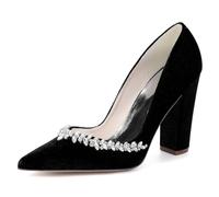 Mdrcg Décolleté Donna velluto Punta acuminata Tacco squadrato spesso, Strass Cristallo Scarpe cerimonia e Matrimonio,Negro,40 EU