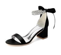 Mdrcg Sandalias de satén con tacón Ancho para Mujer, Puntera Abierta, Tira al Tobillo con pedrería y Lazada de Cinta; Ideales para Novias, Fiestas y Bodas de Noche.,Negro,39 EU