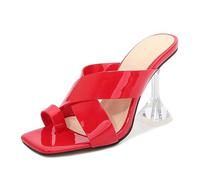 Mdrcg Sandalias de tacón de Aguja con Punta Cuadrada para Mujer, con Punta Abierta, tacón bajo, Tiras Cruzadas, sin Espalda, sin Cordones, tacón de Gatito de 9 cm,Rojo,39 EU