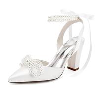 Mdrcg Zapatos de Boda Satén Punta Tacón Bloque, Sandalias Moño Perla Tobillera para Fiesta Ceremonia