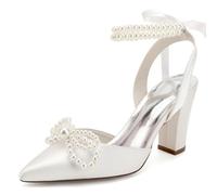Mdrcg Zapatos de Boda Satén Punta Tacón Bloque, Sandalias Moño Perla Tobillera para Fiesta Ceremonia