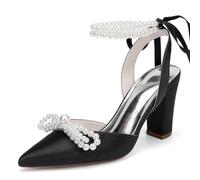 Mdrcg Zapatos de Boda Satén Punta Tacón Bloque, Sandalias Moño Perla Tobillera para Fiesta Ceremonia