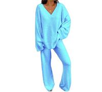 MdybF Pijamas de Mujer de Algodon Mujeres Confort De Invierno Pajamas Set V-Neck Casual Daily Home Top+Pantalones Largos Conjunto De Dos Piezas-Azul-XXXL