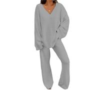 MdybF Pijamas de Mujer de Algodon Mujeres Confort De Invierno Pajamas Set V-Neck Casual Daily Home Top+Pantalones Largos Conjunto De Dos Piezas-Gris-XXXL