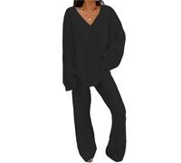 MdybF Pijamas de Mujer de Algodon Mujeres Confort De Invierno Pajamas Set V-Neck Casual Daily Home Top+Pantalones Largos Conjunto De Dos Piezas-Negro-XXXL