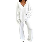 MdybF Pijamas de Mujer de Algodon Mujeres Confort De Invierno Pajamas Set V-Neck Casual Daily Home Top+Pantalones Largos Conjunto De Dos Piezas-Blanco-XXXL