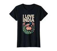 Me Encanta el Arte de Flores de Loto con Pavo Real de la India Camiseta gráfica económica, Mujer, Negro, XL