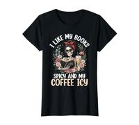 Me Gustan mis Libros Picante y mi café Helado Lectura Barista Camiseta gráfica económica, Mujer, Negro, XS