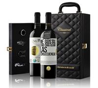 «Me gustas como para asumir las consecuencias» Mensaje en una Botella. Estuche-Maletín de LUJO 2x Vino Tinto Premium Reserva 12 Meses y Set de 4 Accesorios. Etiqueta Blanca PERSONALIZABLE