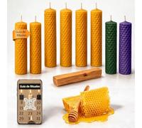 ME HECHIZAS TU® Kit Ritual Velas de Miel 100% Cera de Abeja | 8 Velas + Palo Santo | Abundancia Suerte y trabajo | 6 Miel 1 Verde 1 Morada | Incluye QR con Ritual Abundancia y Prosperidad Días 11 y 22