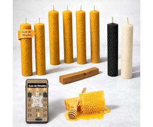 ME HECHIZAS TU® Kit Ritual Velas de Miel Pura de Abeja con Palo Santo - 8 Velas (6 Miel,1 Negra,1 Blanca) para Abundancia y Limpieza Energética - Artesanales con Guía Digital para Días 11 y 22